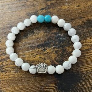 White and Turquoise Beaded Bracelet with Paw Charm